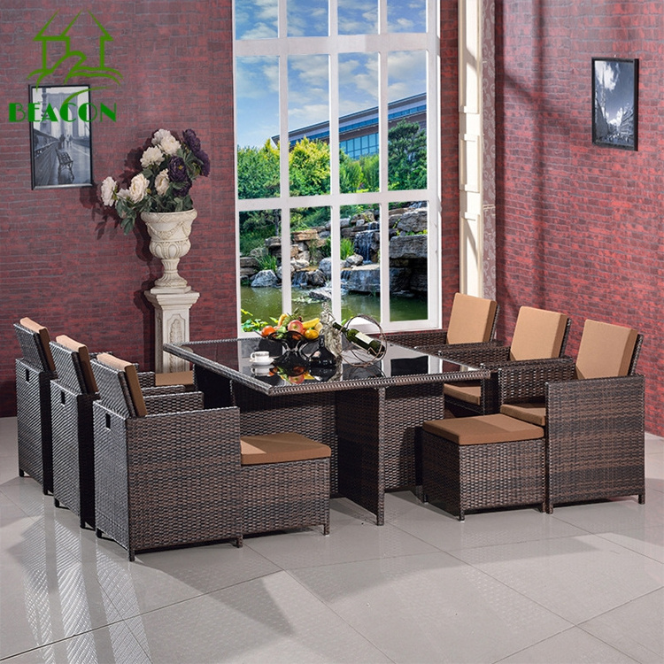 Patio outdoor rattan pull out chair sofa set hotel wicker outdoor garden furniture compact rattan table chair with ottoman