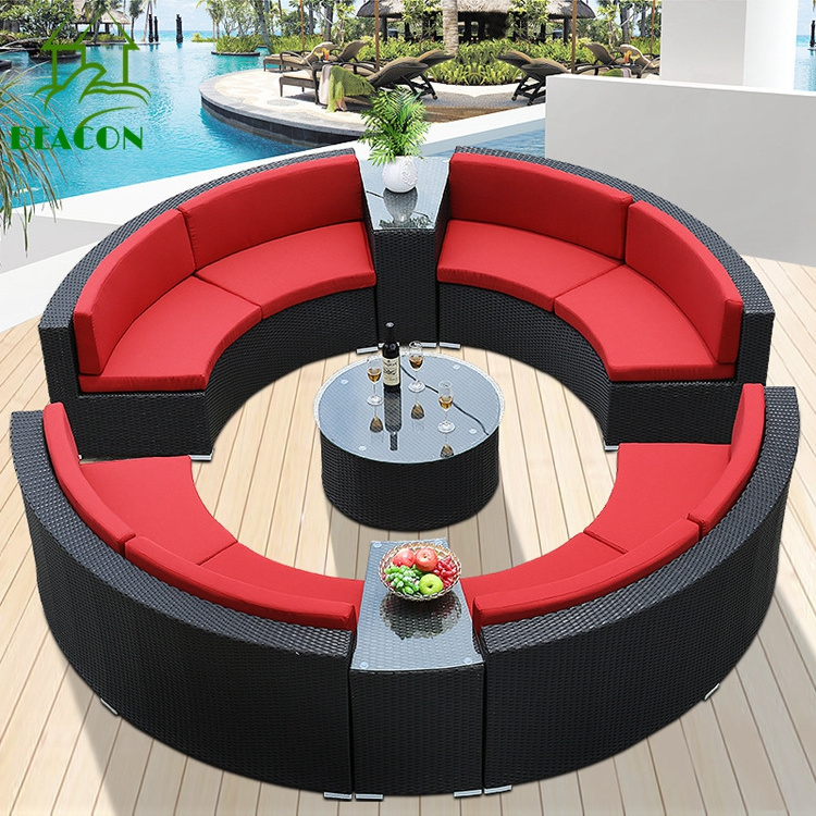 Curve patio garden sectional furniture big rattan round sofa set large red cushion semi circle patio furniture set