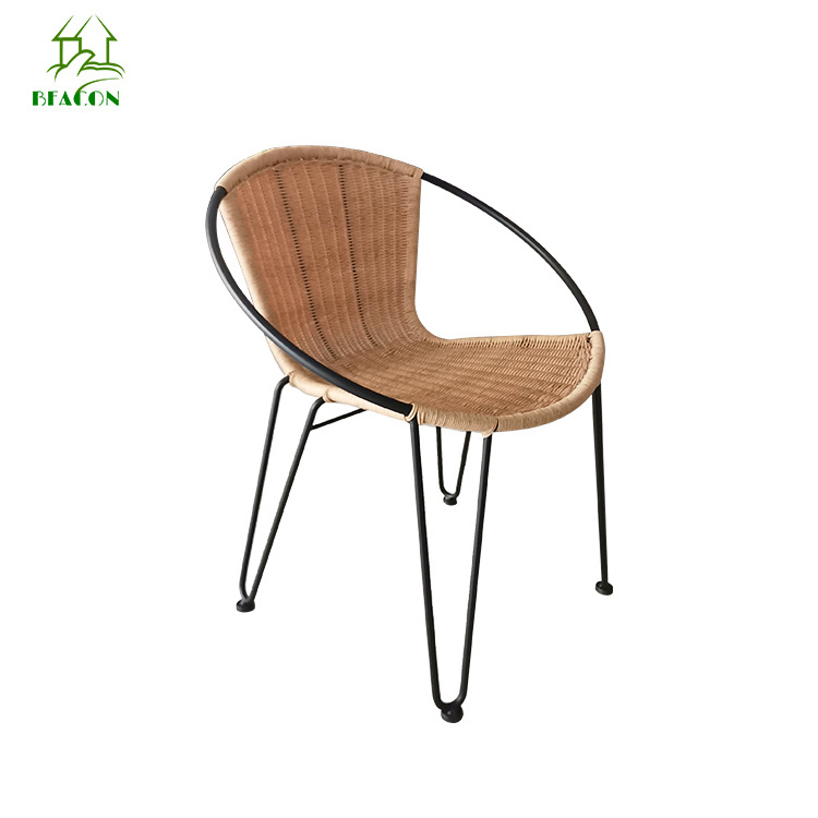 Black metal legs PE rattan woven dining chair cheap outdoor ratan garden chair patio rattan accent chair