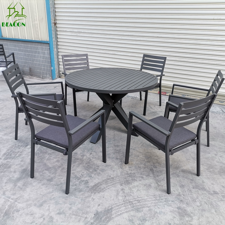 Round shape outdoor garden furniture table and chair round 6 seater dining table set garden black metal indoor outdoor table set