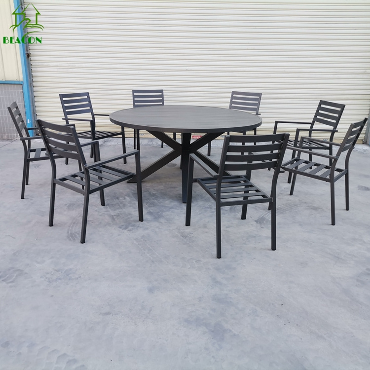 Minimalist Aluminum Modern Furniture Outdoor Patio Dining Set Metal Stackable Chair with Round Table for Garden 8 Person