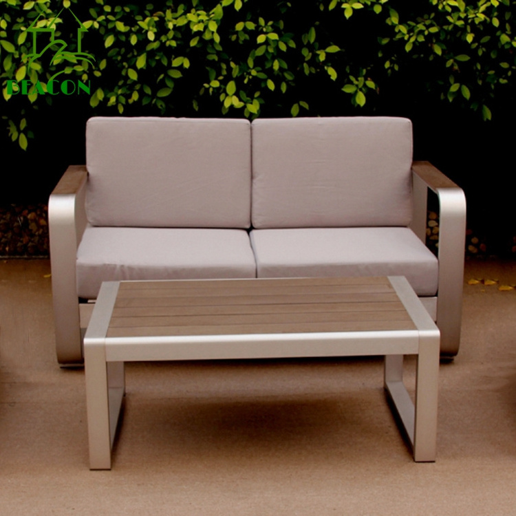 Modern patio plastic wood brushed aluminum terrace garden sofa furniture cozy outdoor rustic sofa furniture