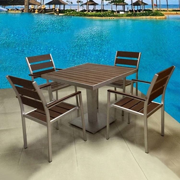 Terrasse bar outdoor furniture brushed aluminum wooden chair and table outdoor restaurant dinning table set