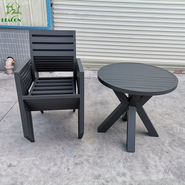 Round shape outdoor garden furniture table and chair round 6 seater dining table set garden black metal indoor outdoor table set