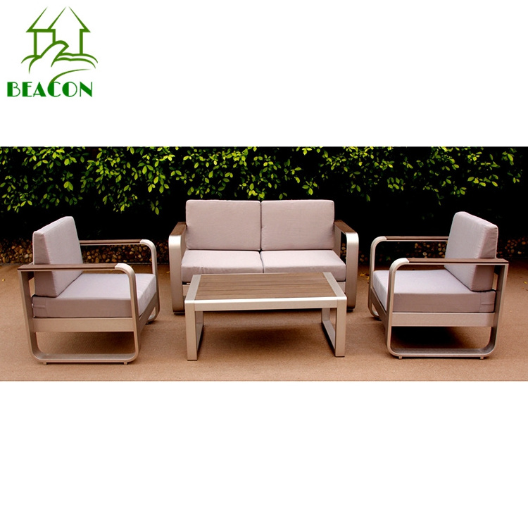 Modern patio plastic wood brushed aluminum terrace garden sofa furniture cozy outdoor rustic sofa furniture