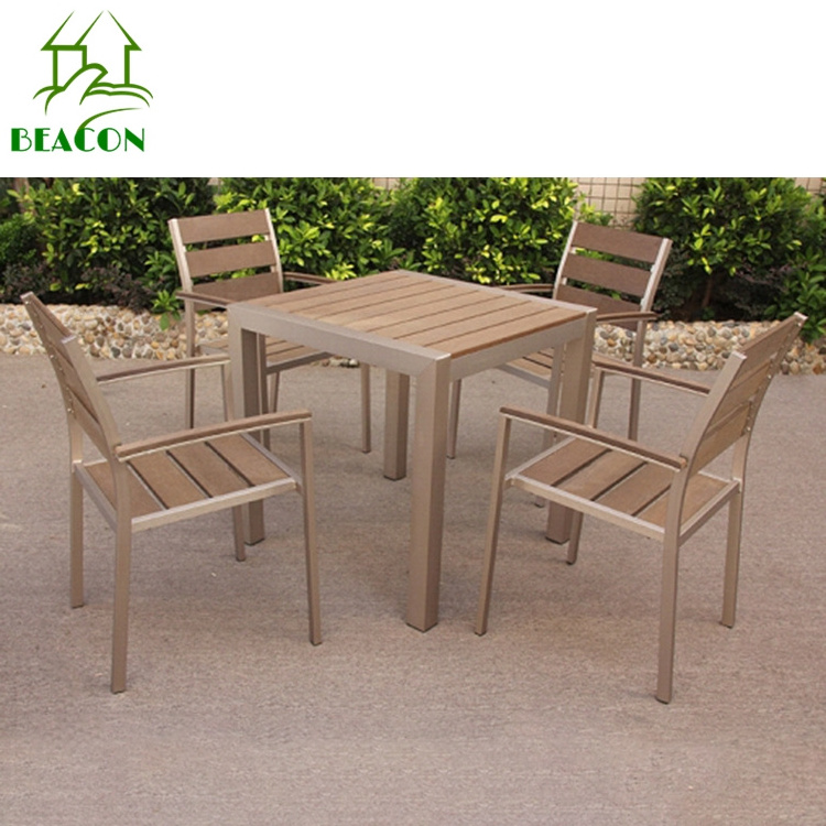 Terrasse bar outdoor furniture brushed aluminum wooden chair and table outdoor restaurant dinning table set