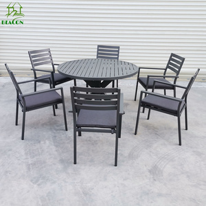 Round shape outdoor garden furniture table and chair round 6 seater dining table set garden black metal indoor outdoor table set