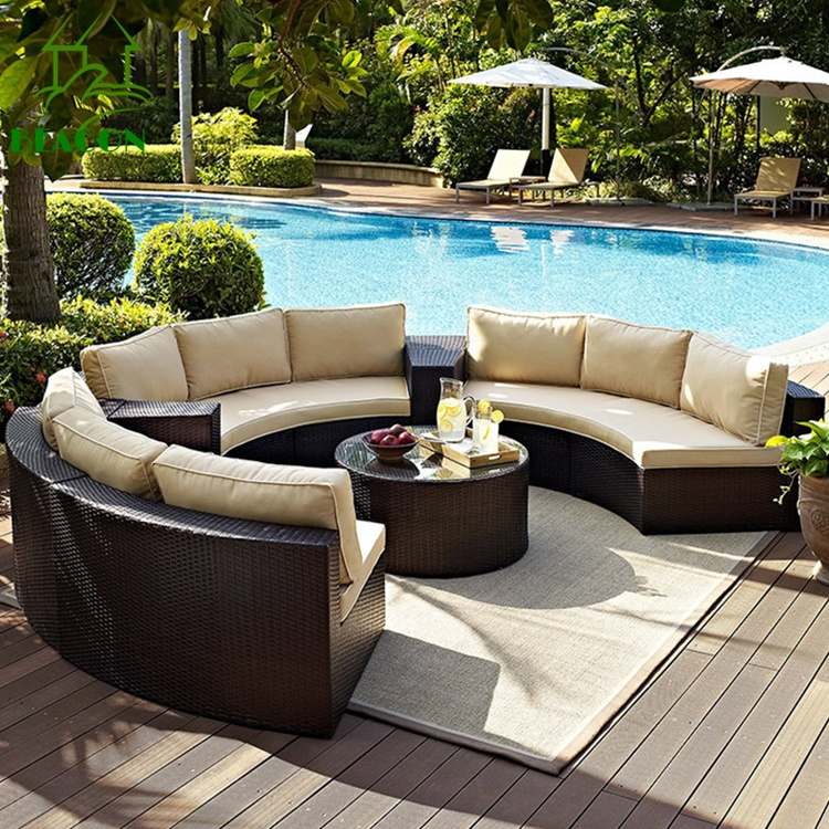 Curve patio garden sectional furniture big rattan round sofa set large red cushion semi circle patio furniture set