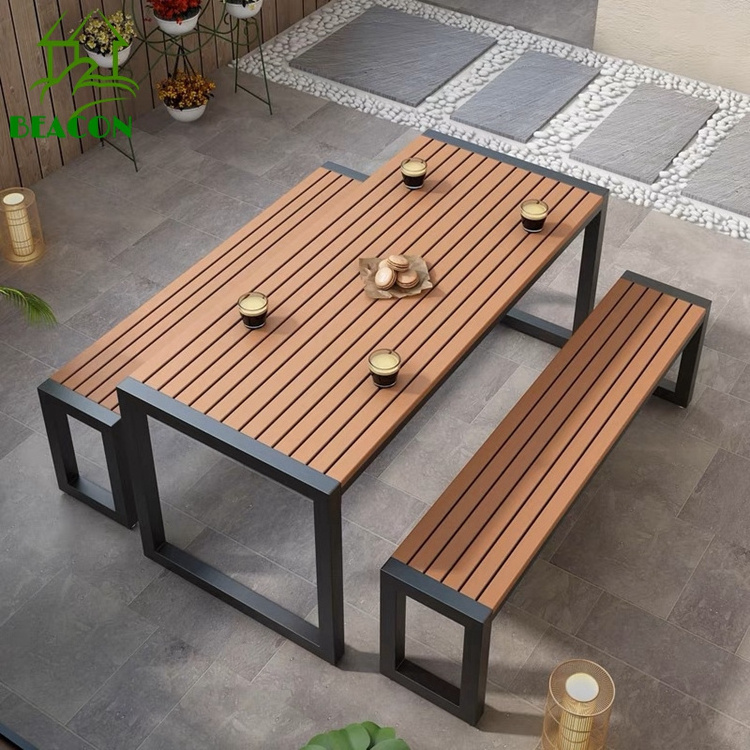 Hot sale aluminium patio dining set poly wood outdoor furniture table and bench set