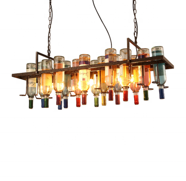 Modern bar hotel kitchen hanging glass iron chain custom color drop bottle chandelier pendant light