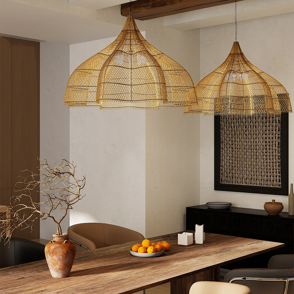 Oversized Restaurant Ceiling Light Dining Room Decorative Bamboo Chandelier Natural Handmade Wicker Rattan Art Pendant Light