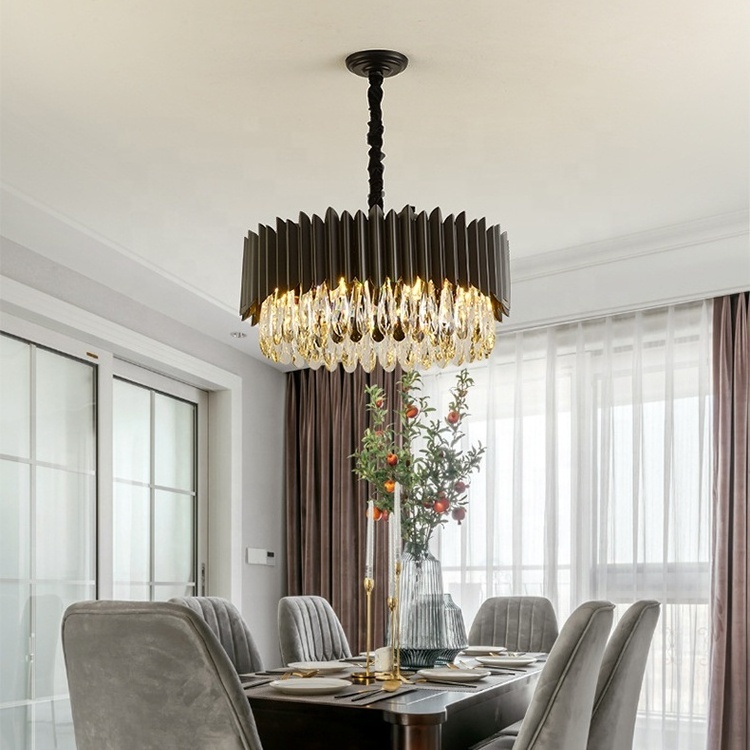 Round Indoor Luxury Chandeliers Metal Black Led Hanging Lights Fixtures Pendant Light Living Dining Room K9 Crystal Chandelier