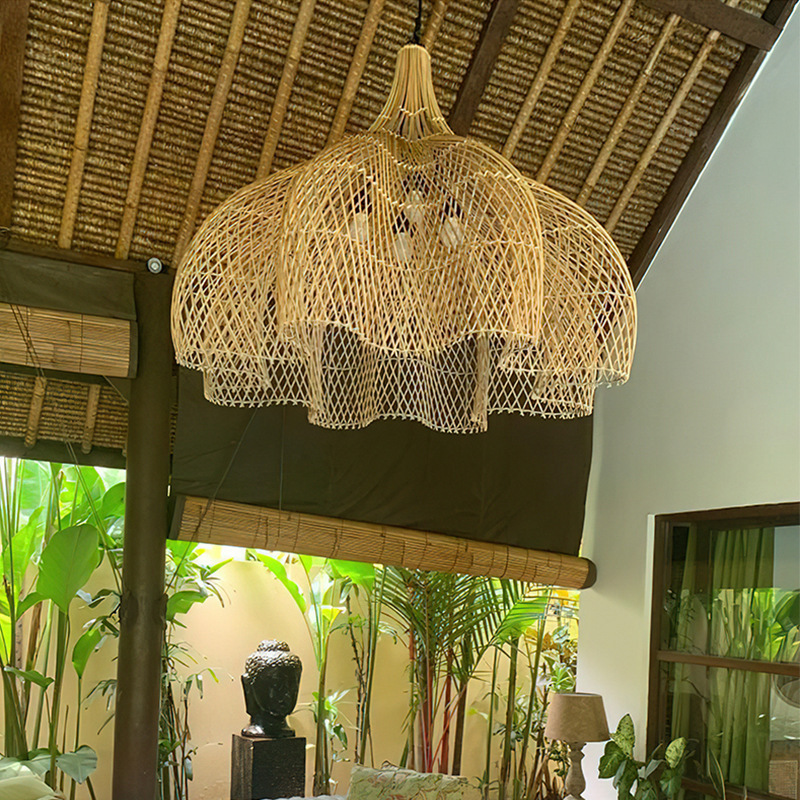 Oversized Restaurant Ceiling Light Dining Room Decorative Bamboo Chandelier Natural Handmade Wicker Rattan Art Pendant Light