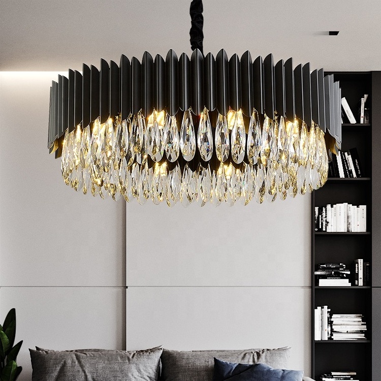 Round Indoor Luxury Chandeliers Metal Black Led Hanging Lights Fixtures Pendant Light Living Dining Room K9 Crystal Chandelier