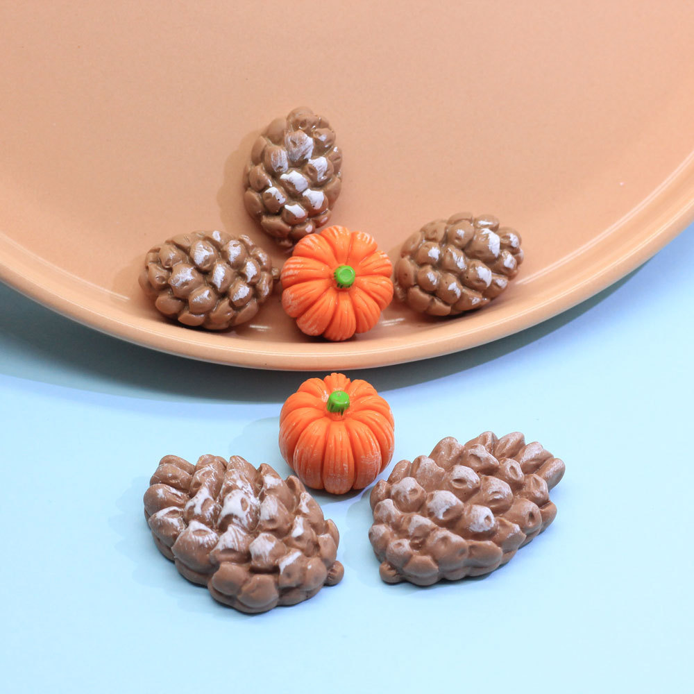 Autumn Fairy Garden Mini Figurines Pumpkin Pine Cones Resin Charms for Diy House Play Dolls Landscape Miniatures