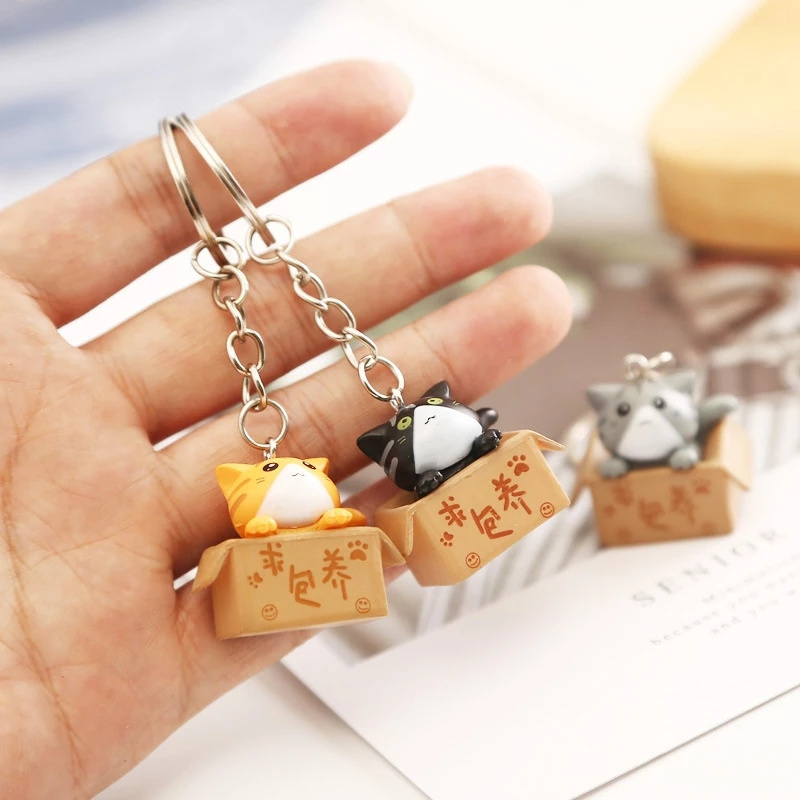 Cute 3D Little Box Cat Figurine Resin Charm For Key Chain Women Men Kawaii Kitten Car Keychain Pendant