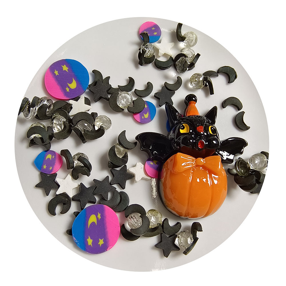 100bag Halloween Pumpkin Black Bat Cat Moon Star Assortment Polymer Clay Slices Resin Charm for Halloween Themed Decoration