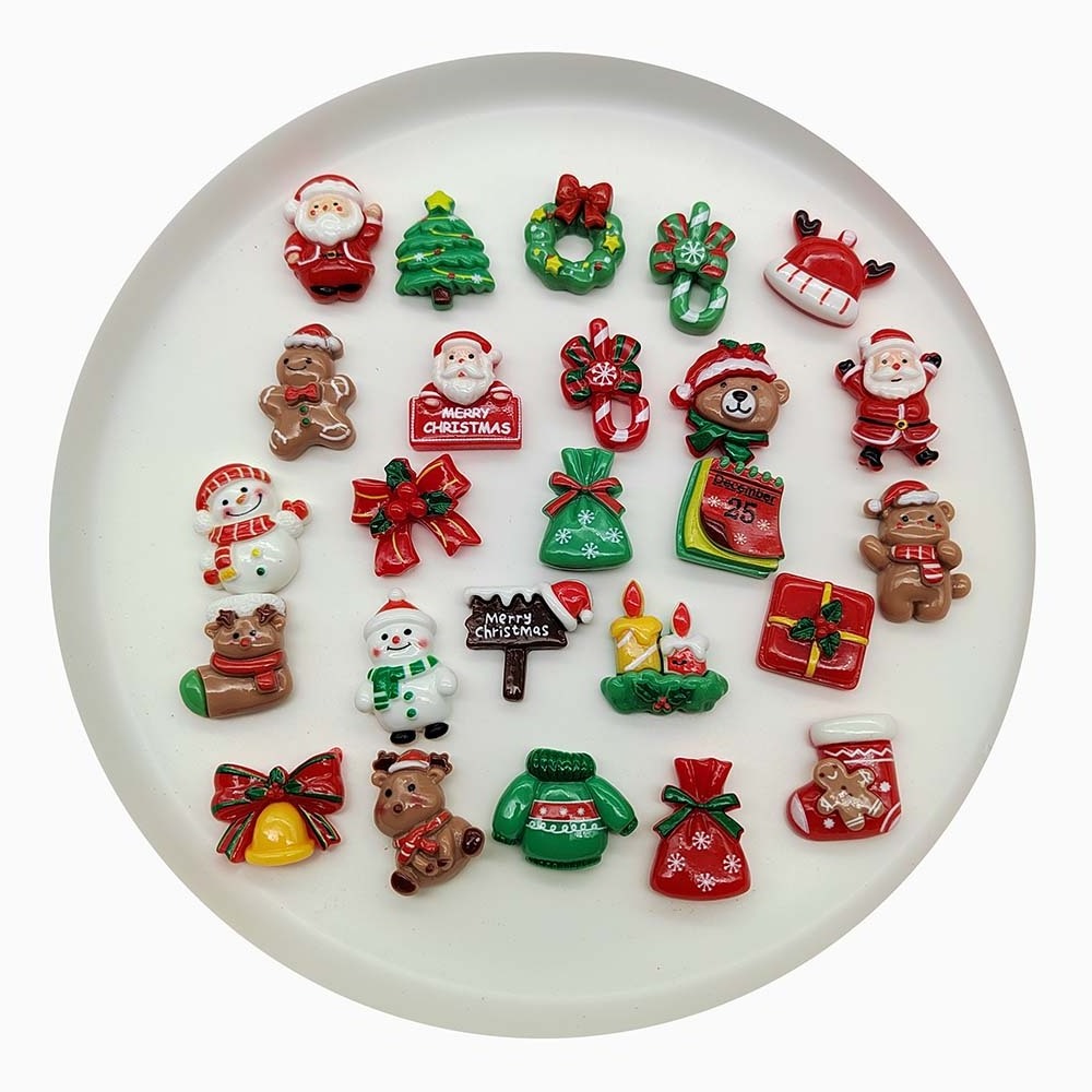 Assorted of Resin Christmas Charms Cartoon Reindeer Bell Candle Boots Snowman Stickers fit Hair Bow Cell Phone Case Decorations