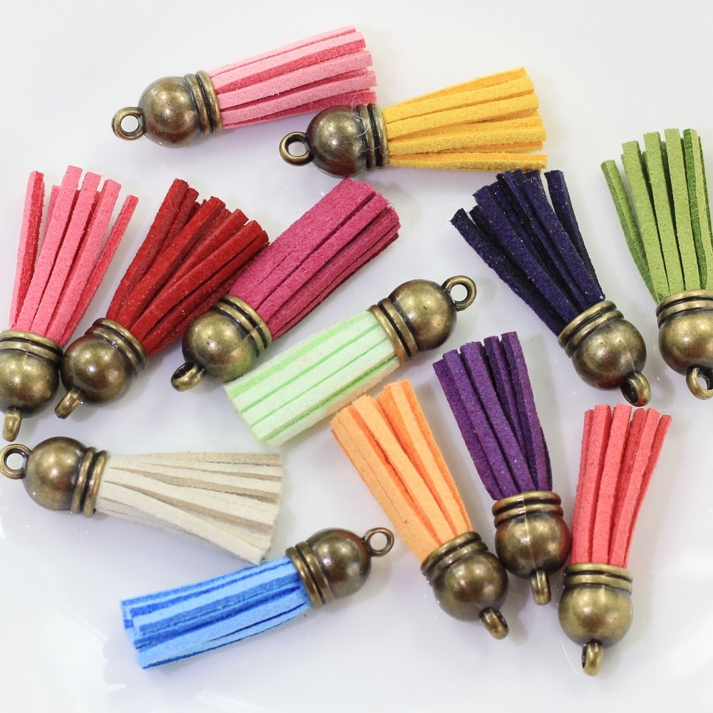 36 mm Leather Tassel Pendants Jewelry Faux Suede Tassel with Golden Silver Copper Topper for Key chain Bags Decorations