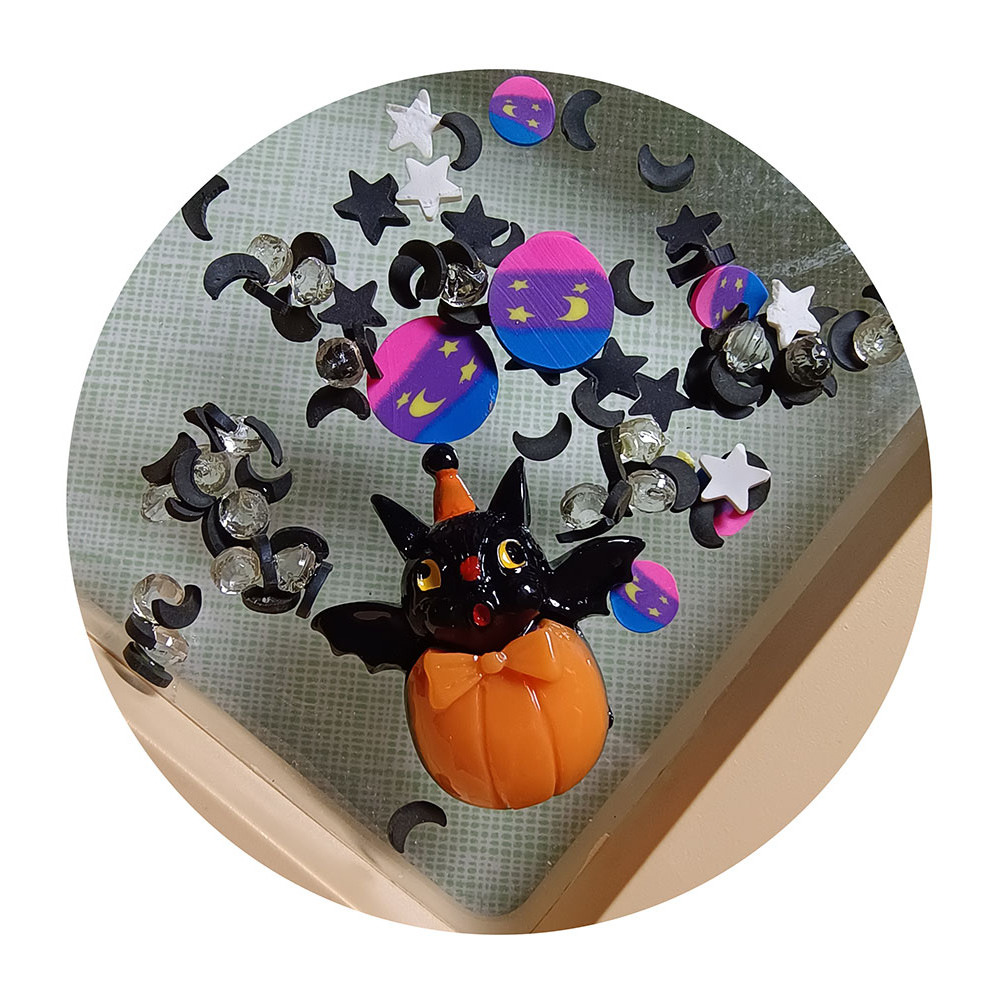 100bag Halloween Pumpkin Black Bat Cat Moon Star Assortment Polymer Clay Slices Resin Charm for Halloween Themed Decoration