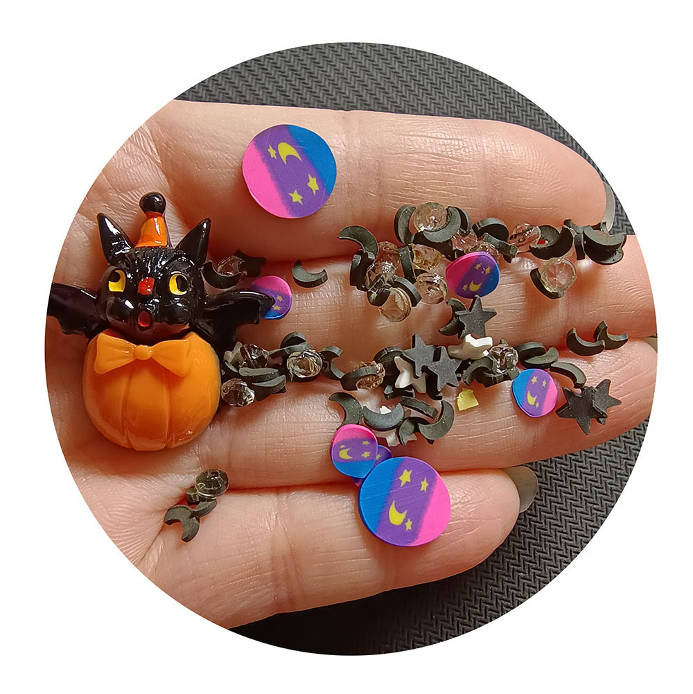 100bag Halloween Pumpkin Black Bat Cat Moon Star Assortment Polymer Clay Slices Resin Charm for Halloween Themed Decoration