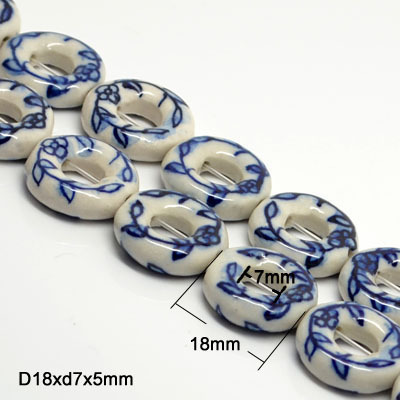 Wholesale 18mm customize designs hand painted donut Blue and White leaf flower design porcelain beads for jewelry making