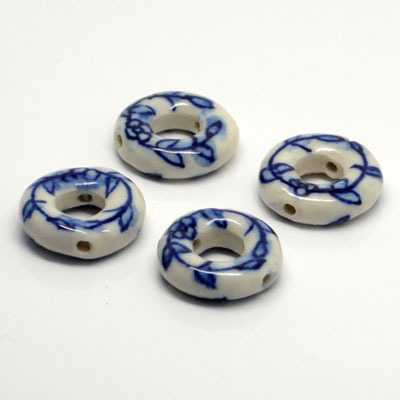 Wholesale 18mm customize designs hand painted donut Blue and White leaf flower design porcelain beads for jewelry making