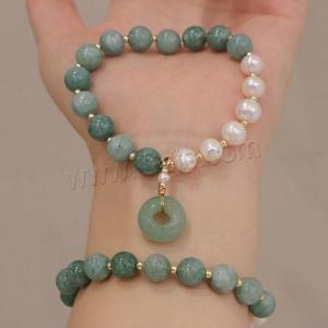 Jade Burma jewelry Bracelet with Green Aventurine & Freshwater Pearl & Zinc Alloy for woman mixed colors Approx 19cm 1545834