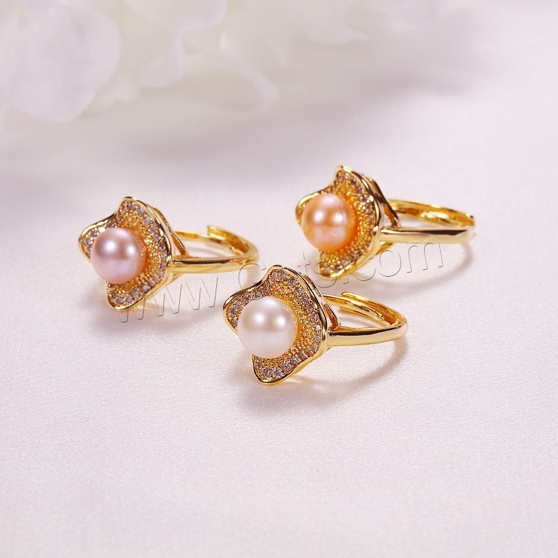 gold color plated Adjustable Cultured Freshwater Pearl Finger Ring for woman Brass micro pave cubic zirconia 1650326