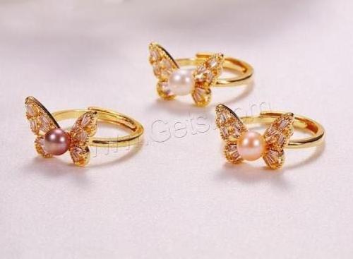 gold color plated Adjustable Cultured Freshwater Pearl Finger Ring for woman Brass micro pave cubic zirconia 1650326