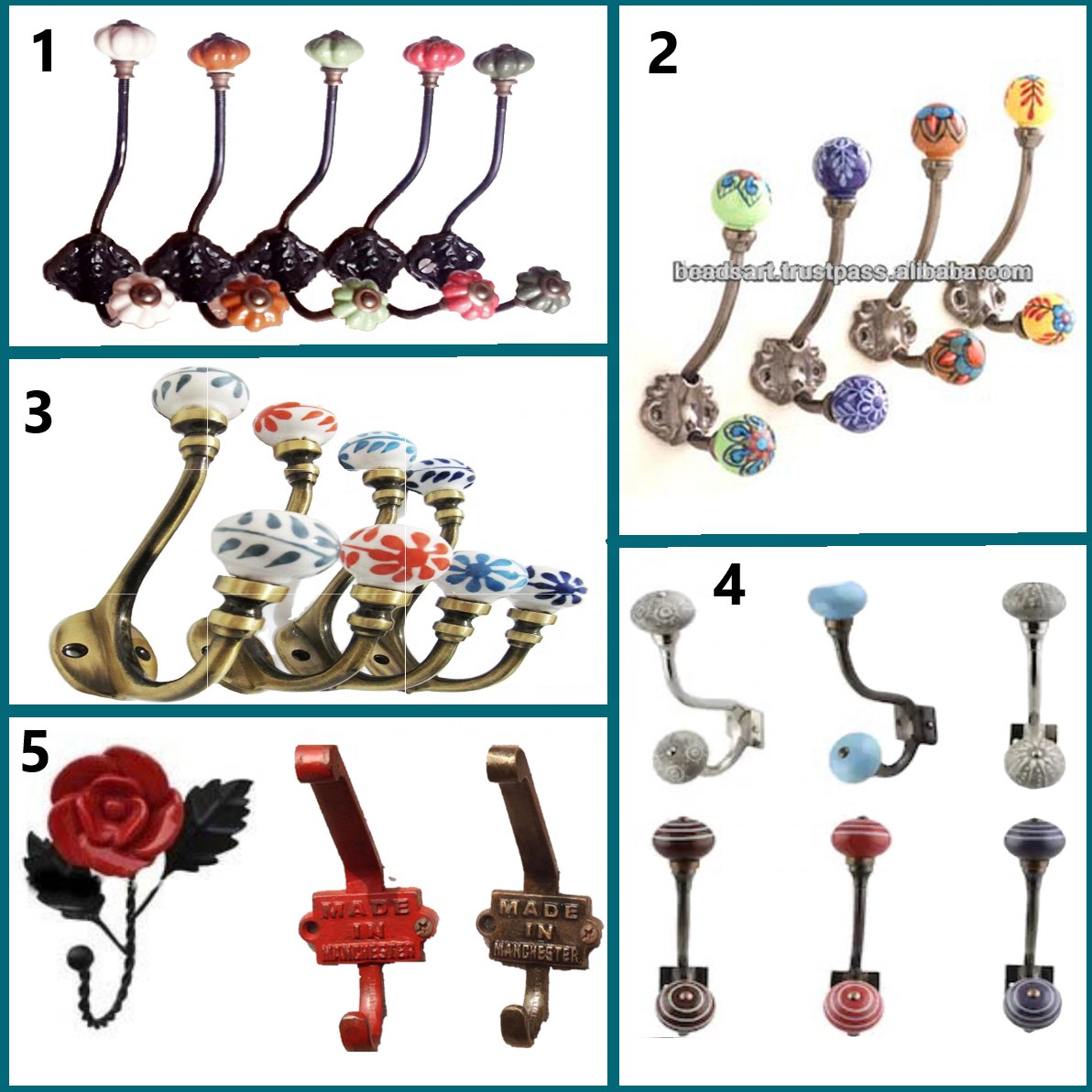 Direct Craftsman and Factory Price Hand crafted wall metal hardware Hanger/Wall Coat hooks with ceramic tile [CIH 196]