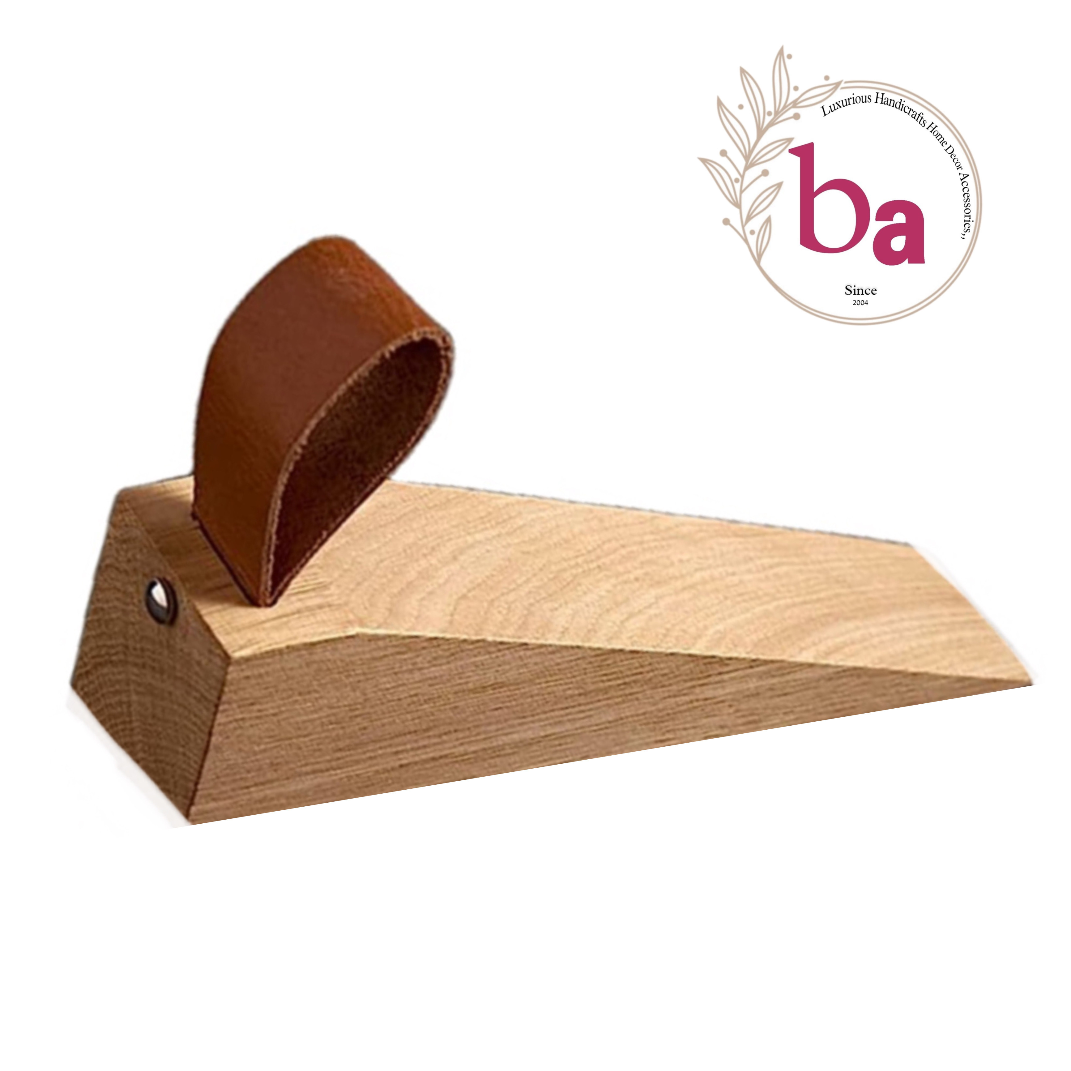 Handicrafts Gift Items Wooden Door Stopper Wedge with Brown Leather Knobs & Pulls