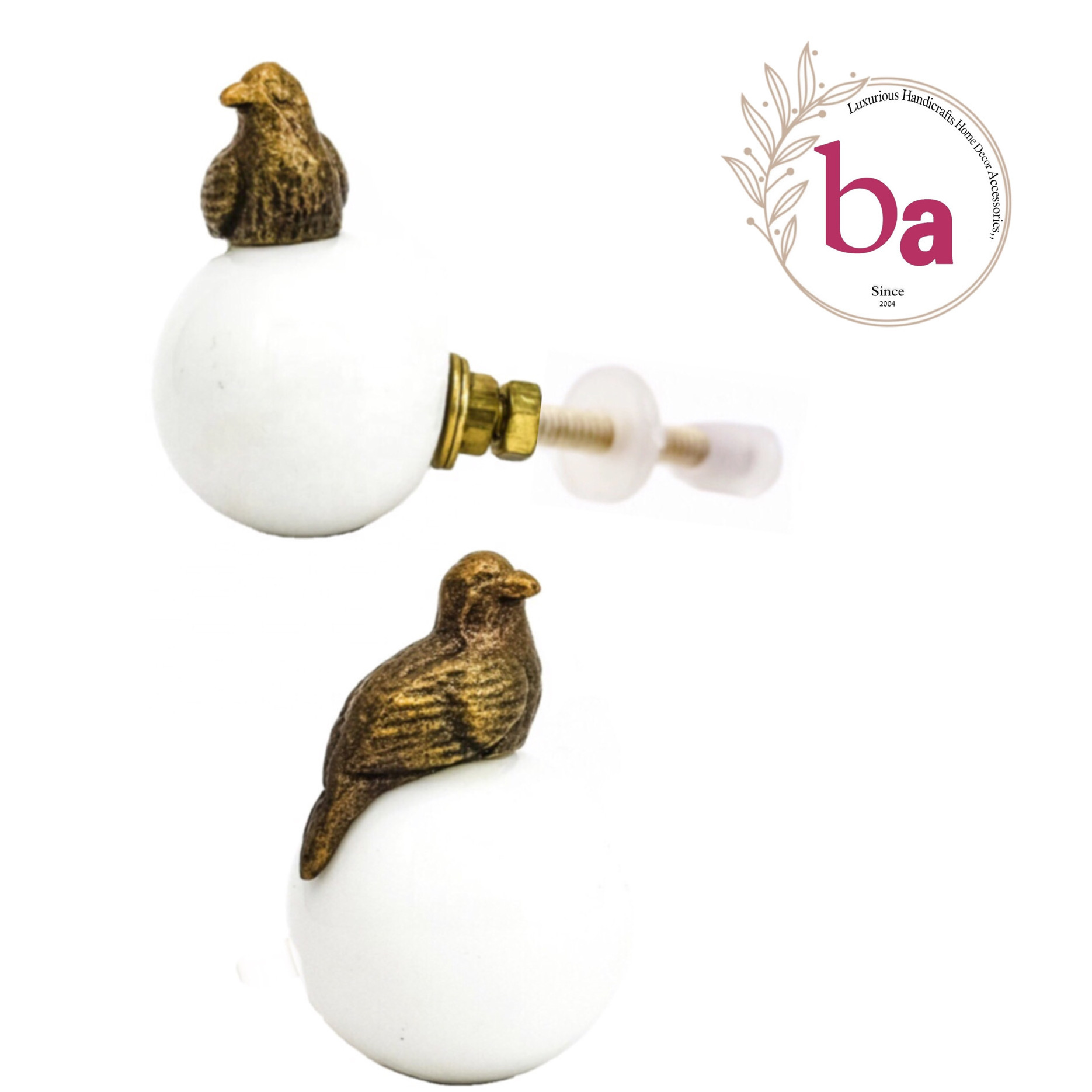 Handicraft Gold Perched Bird Knob White Resin Brass drawer door cabinet knobs & Pull Handle [HBRMW 249]