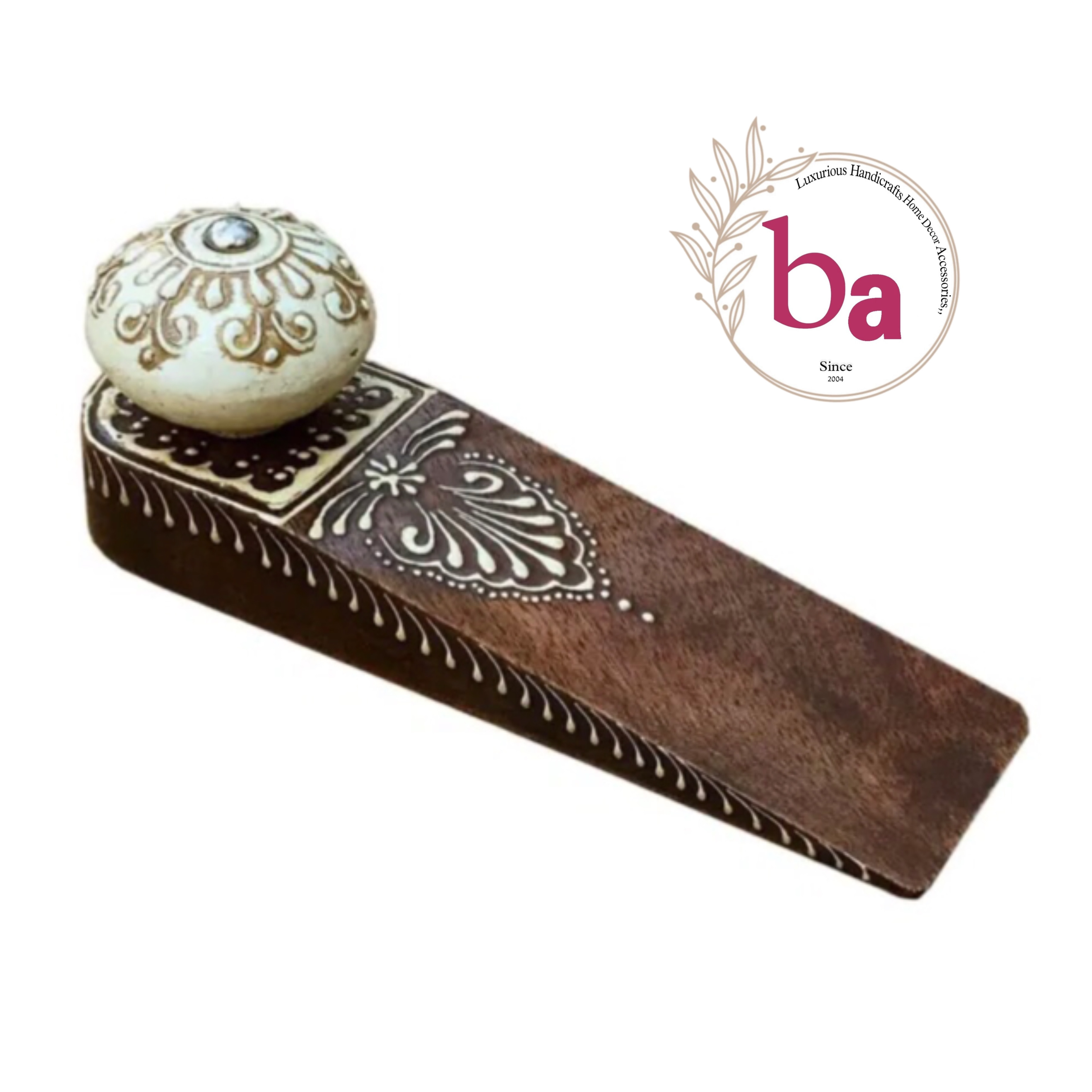 Gift Items Retro Vintage Traditional Brown Wooden Door Stopper Wedge with Ceramic Knob