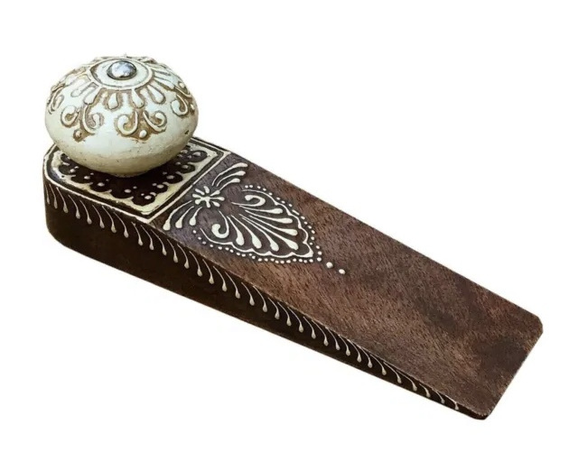 Gift Items Retro Vintage Traditional Brown Wooden Door Stopper Wedge with Ceramic Knob