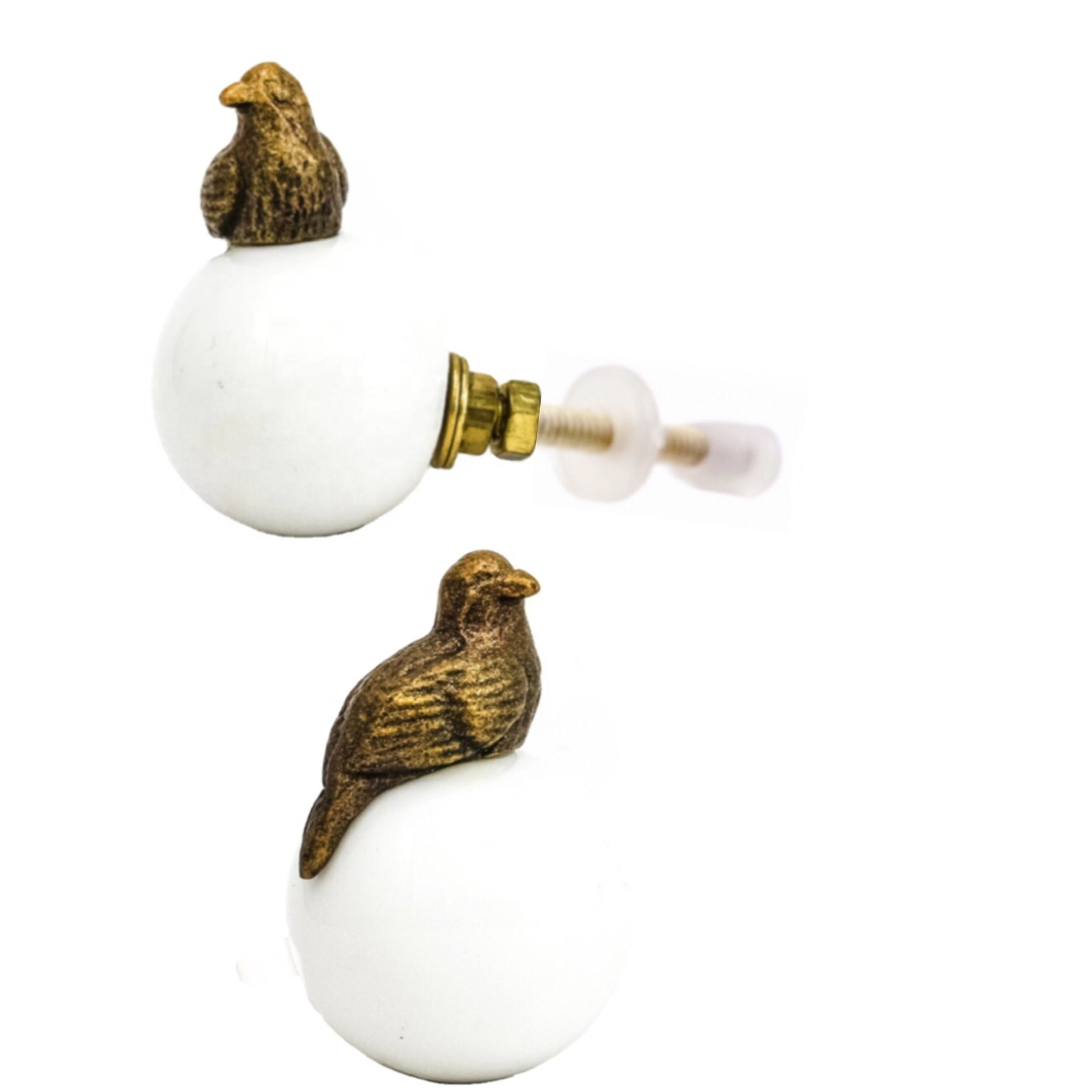 Handicraft Gold Perched Bird Knob White Resin Brass drawer door cabinet knobs & Pull Handle [HBRMW 249]