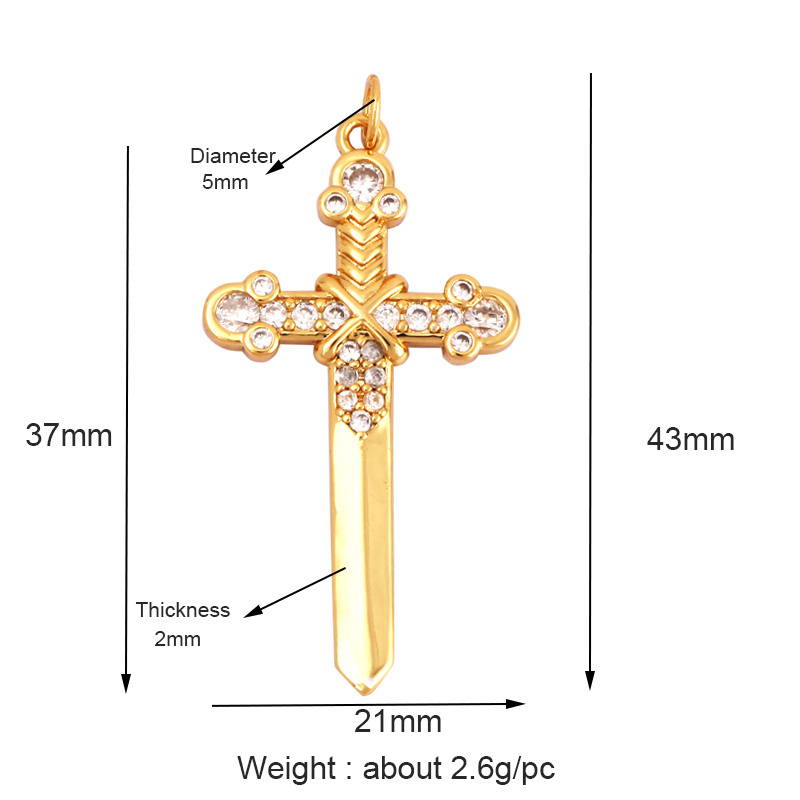 European and American Popular Micro Inlaid Zircon Charm Pendant,Cute 18K Gold Brass Dagger Sword Weapon Gun DIY Necklace Supply