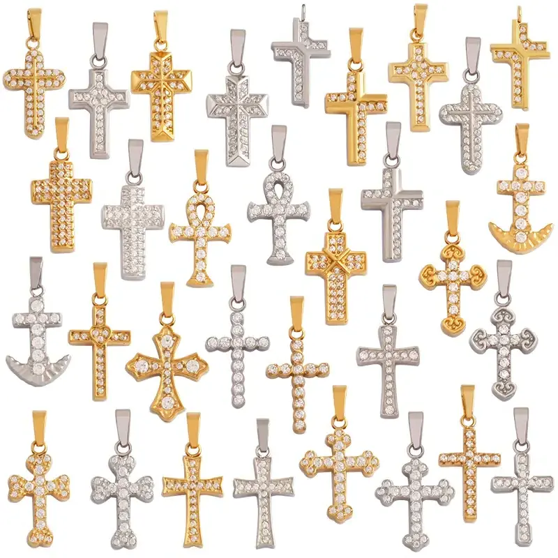 Religious Style Cross Charm Pendant,316 Stainless Steel Cubic Zirconia Jewelry Findings Necklace Bracelet Accessories Supply L52