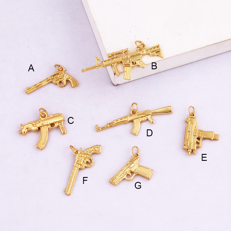 European and American Popular Micro Inlaid Zircon Charm Pendant,Cute 18K Gold Brass Dagger Sword Weapon Gun DIY Necklace Supply