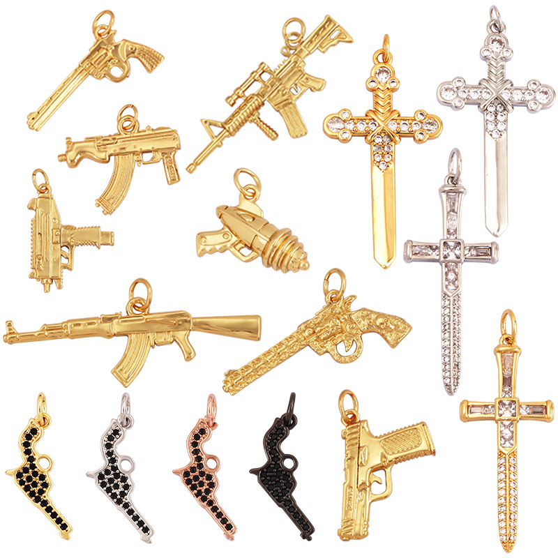 European and American Popular Micro Inlaid Zircon Charm Pendant,Cute 18K Gold Brass Dagger Sword Weapon Gun DIY Necklace Supply