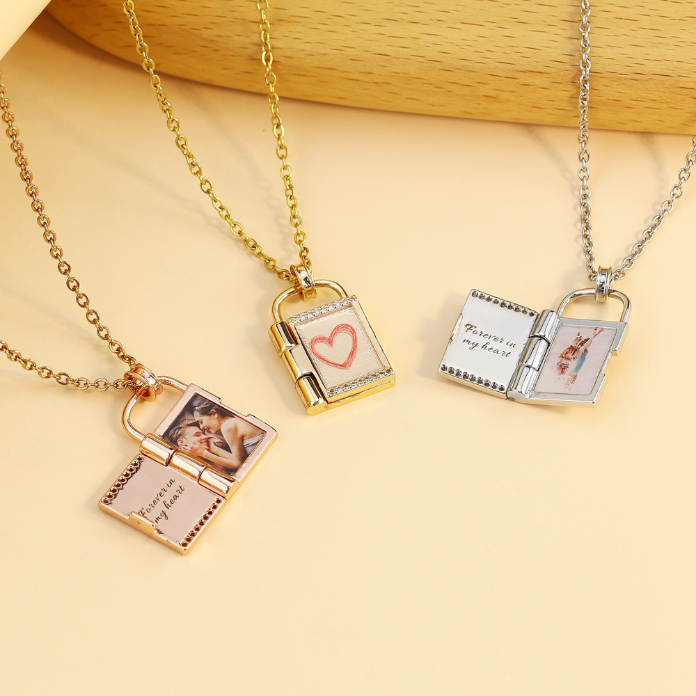 Beakwind stainless steel gold plated jewelry Personalized Love Letter Photo Padlock book Locket Necklace Pendant For Women