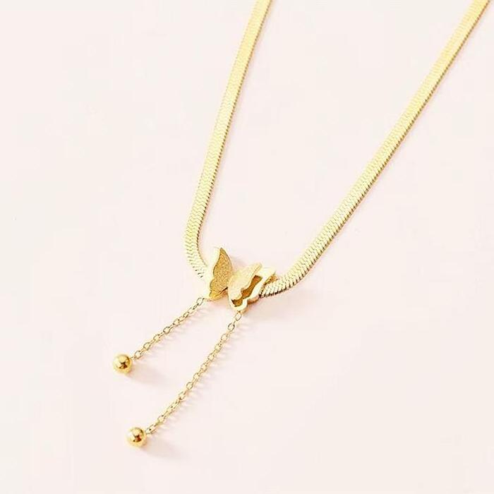 Fashion jewelry Non Tarnish 18k Gold Plated Stainless Steel Herringbone Snake Chain Butterfly Charm Choker Necklace For Women