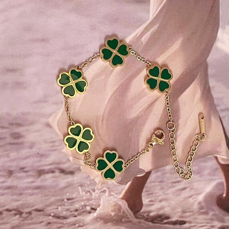 Color Enamel Double Sided lucky Non Tarnish Waterproof 18K Gold Plated stainless Steel Four 4 Leaf Clover Bracelet For Women