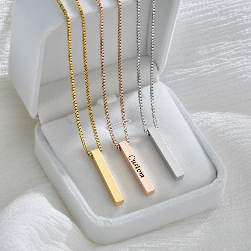 Fashion Jewelry Stainless Steel 18k Gold Filled Custom Engraved Personalized Name 4 Side 3D Blank Bar Pendant Necklace For Women