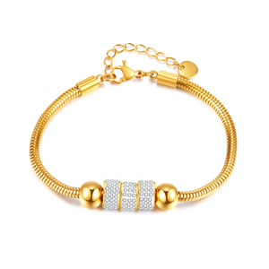 Fashion Jewelry wholesale CZ Beaded Charm Snake Chain Gold Plated stainless Steel Bracelet For women