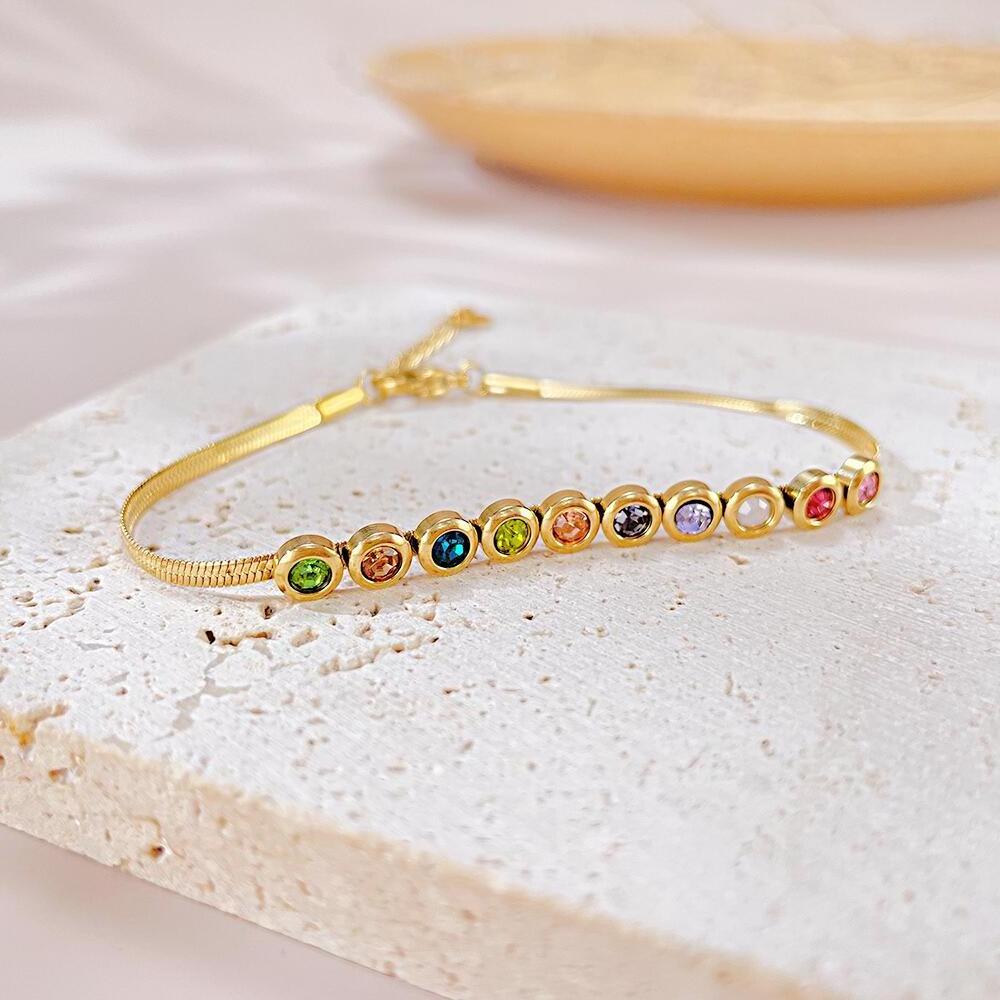 Rainbow Birthstone Herringbone Chain Non Tarnish Waterproof jewelry 18k Gold Plated stainless Steel Bracelets For Women