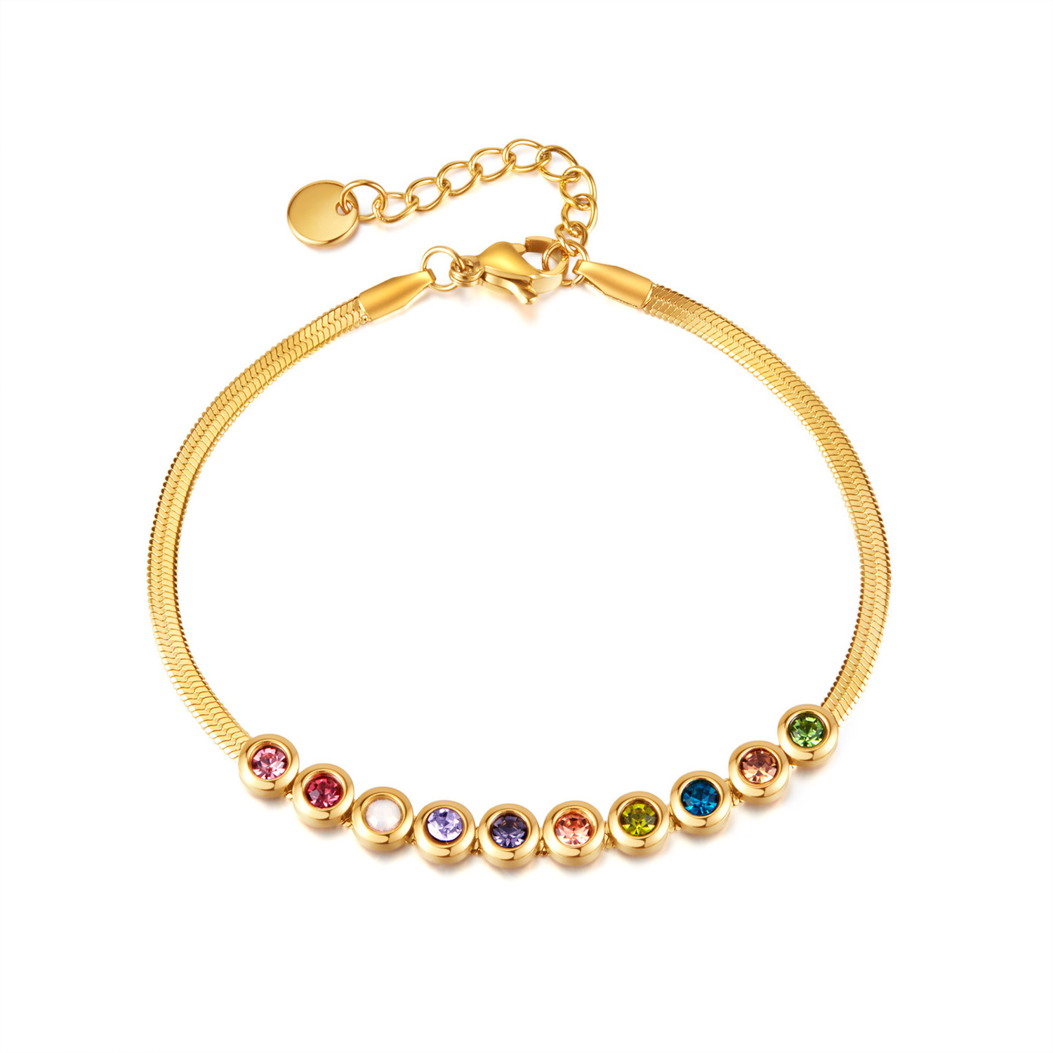 Rainbow Birthstone Herringbone Chain Non Tarnish Waterproof jewelry 18k Gold Plated stainless Steel Bracelets For Women