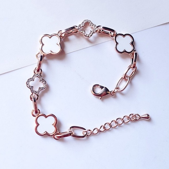 Fashion Accessories Gold Plated Paper Clip Link Chain Lucky Red Enamel CZ Four 4 Leaf Clover Charm Bracelet For Women