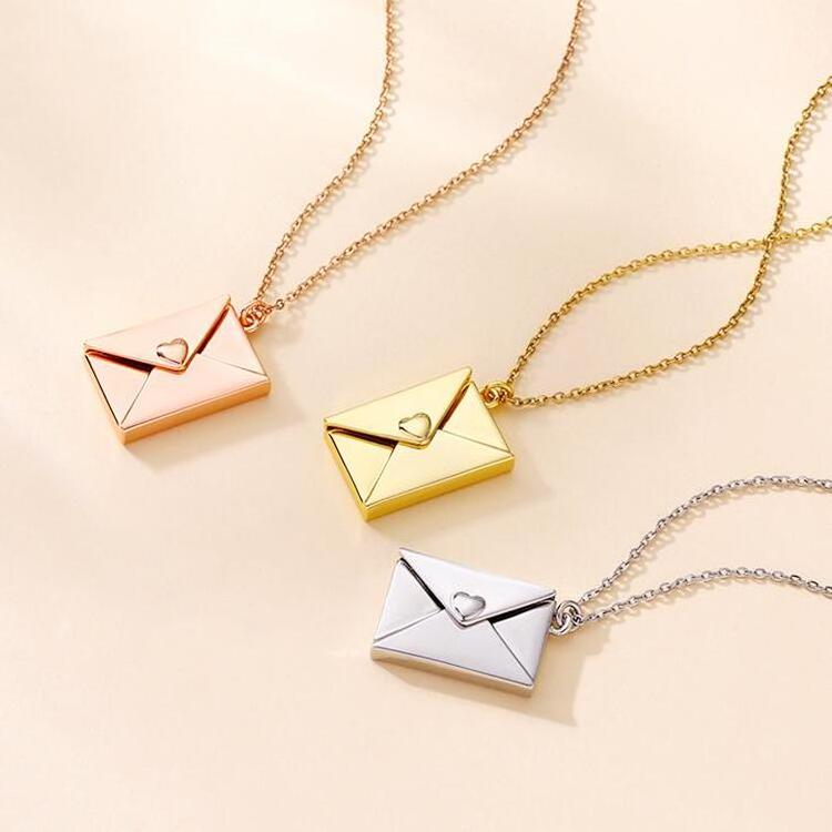 Beakwind Gold Plated Stainless Steel Jewelry Custom Engrave Love you Letter Blank Envelope Locket Pendant Necklace For women