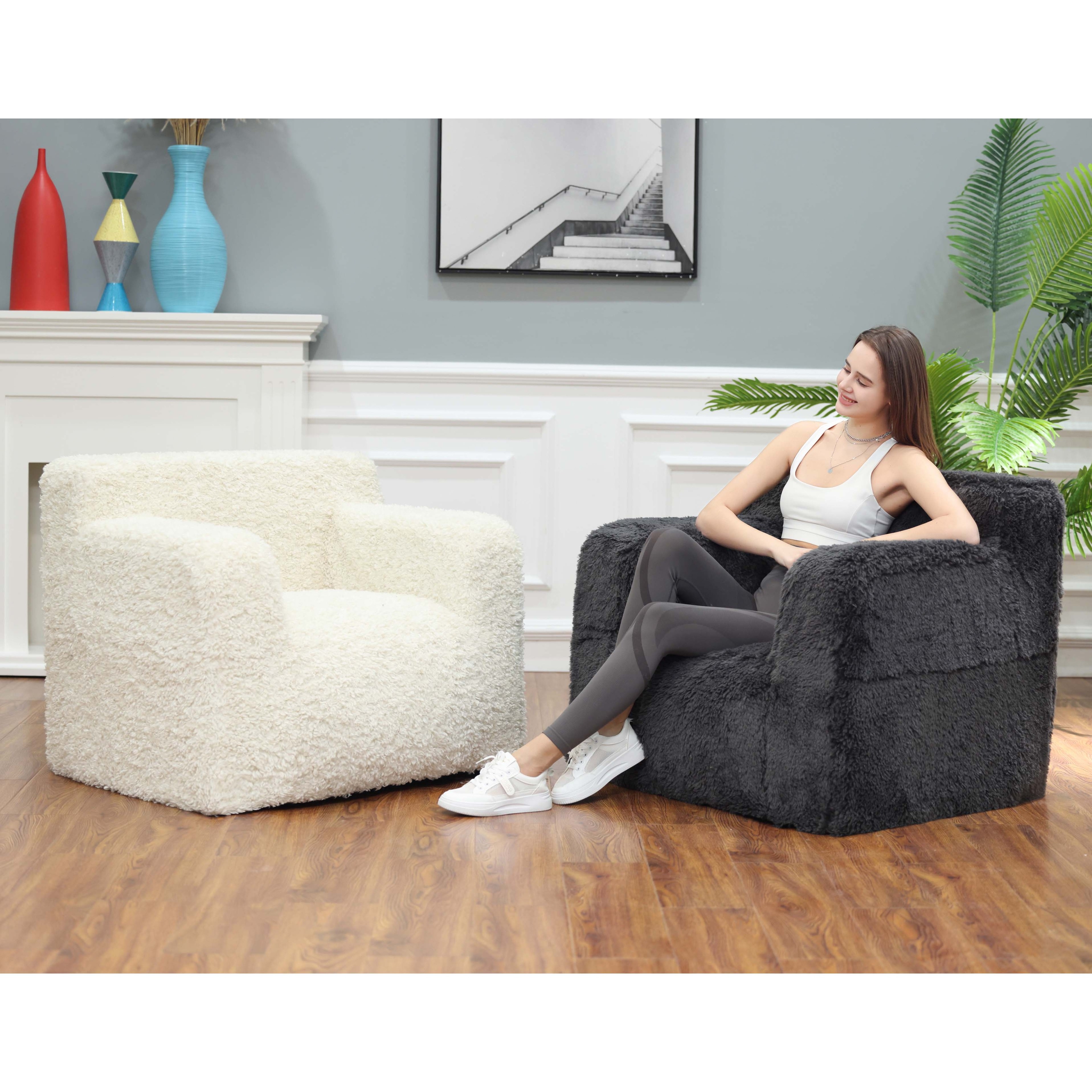 Foam Sac Super Soft Beige White Sherpa Removable Cover Bean Bag Sofa Luxury Indoor Bean Bag Chair High Density Block Foam Filler